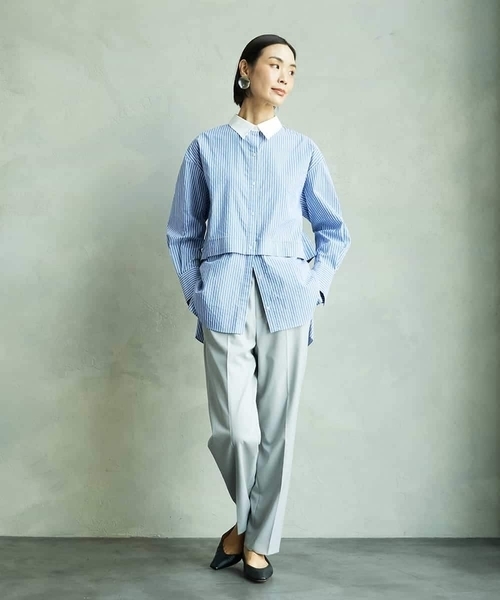 MICHEL KLEIN（ミッシェル・クラン）の「[2WAY]クレリックオーバーサイズストライプシャツ（シャツ/ブラウス・レディース・ブルー/グレイッシュベージュ・38）」の7枚目の写真