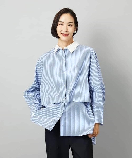 MICHEL KLEIN（ミッシェル・クラン）の「[2WAY]クレリックオーバーサイズストライプシャツ（シャツ/ブラウス・レディース・ブルー/グレイッシュベージュ・38）」の9枚目の写真