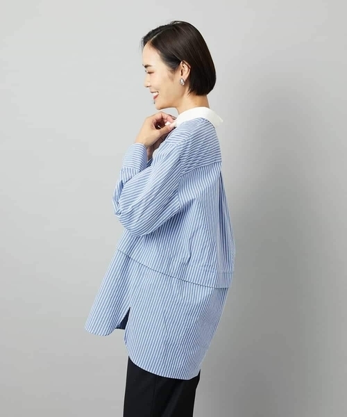 MICHEL KLEIN（ミッシェル・クラン）の「[2WAY]クレリックオーバーサイズストライプシャツ（シャツ/ブラウス・レディース・ブルー/グレイッシュベージュ・38）」の10枚目の写真