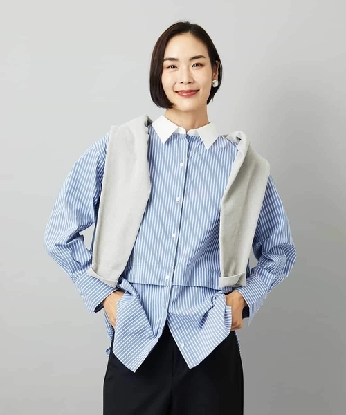 MICHEL KLEIN（ミッシェル・クラン）の「[2WAY]クレリックオーバーサイズストライプシャツ（シャツ/ブラウス・レディース・ブルー/グレイッシュベージュ・38）」の11枚目の写真