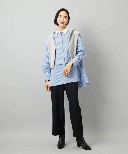 MICHEL KLEIN（ミッシェル・クラン）の「[2WAY]クレリックオーバーサイズストライプシャツ（シャツ/ブラウス・レディース・ブルー/グレイッシュベージュ・38）」の12枚目の写真