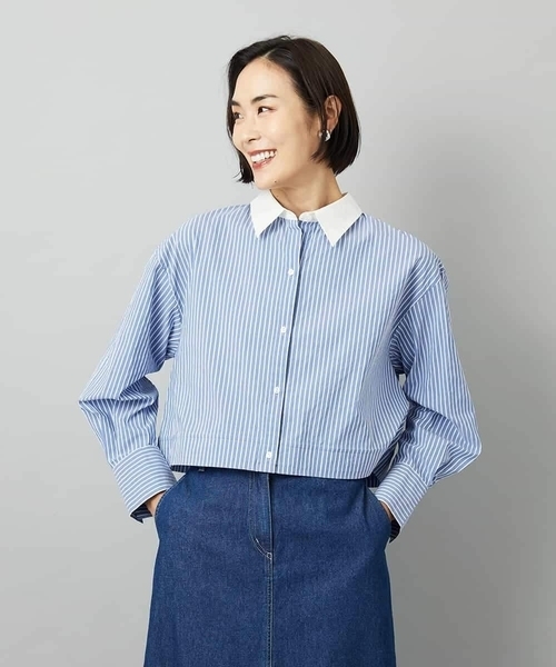 MICHEL KLEIN（ミッシェル・クラン）の「[2WAY]クレリックオーバーサイズストライプシャツ（シャツ/ブラウス・レディース・ブルー/グレイッシュベージュ・38）」の15枚目の写真