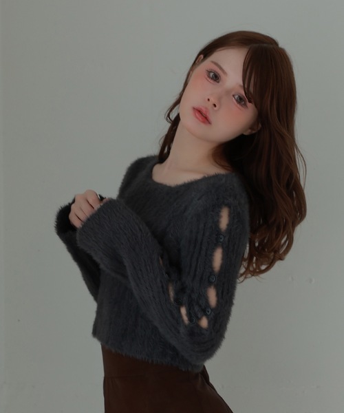M DOLLY(エムドリー)の「open sleeve Bellezza shaggy tops /オープンスリーブベレッツァシャギートップス(ニット/セーター・レディース・グレー/ピンク/ブラック・FREE)」の1枚目の写真