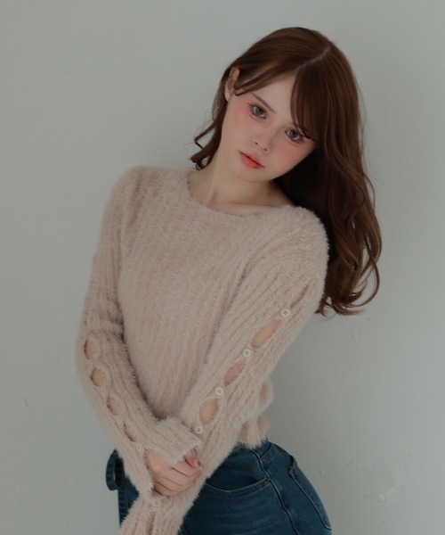 M DOLLY(エムドリー)の「open sleeve Bellezza shaggy tops /オープンスリーブベレッツァシャギートップス(ニット/セーター・レディース・グレー/ピンク/ブラック・FREE)」の3枚目の写真