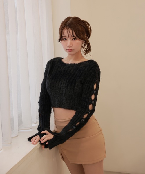M DOLLY(エムドリー)の「open sleeve Bellezza shaggy tops /オープンスリーブベレッツァシャギートップス(ニット/セーター・レディース・グレー/ピンク/ブラック・FREE)」の2枚目の写真