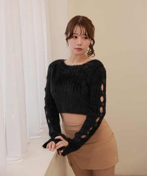 M DOLLY(エムドリー)の「open sleeve Bellezza shaggy tops /オープンスリーブベレッツァシャギートップス(ニット/セーター・レディース・グレー/ピンク/ブラック・FREE)」の4枚目の写真