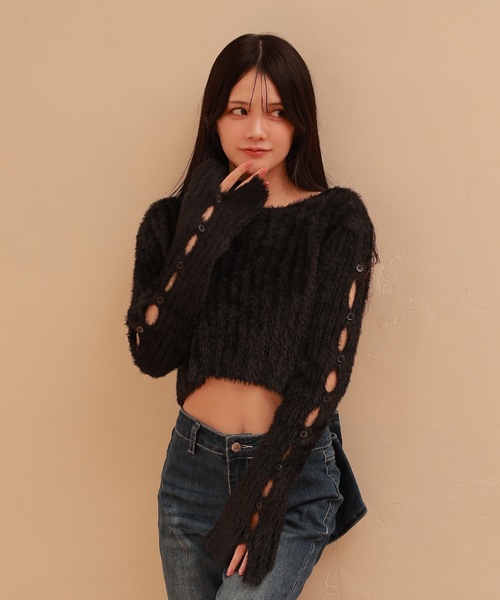 M DOLLY(エムドリー)の「open sleeve Bellezza shaggy tops /オープンスリーブベレッツァシャギートップス(ニット/セーター・レディース・グレー/ピンク/ブラック・FREE)」の8枚目の写真