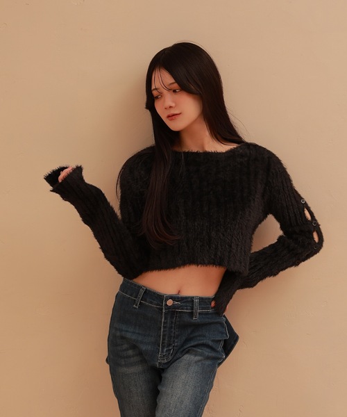 M DOLLY(エムドリー)の「open sleeve Bellezza shaggy tops /オープンスリーブベレッツァシャギートップス(ニット/セーター・レディース・グレー/ピンク/ブラック・FREE)」の9枚目の写真