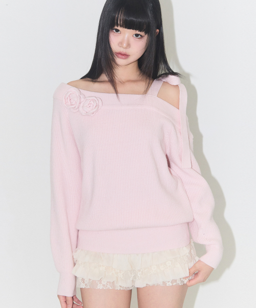 ILLIGO(イリゴ)の「ブルームボウオフショルダー ニット ピンク(ニット/セーター・レディース・その他・SMALL/MEDIUM)」の1枚目の写真