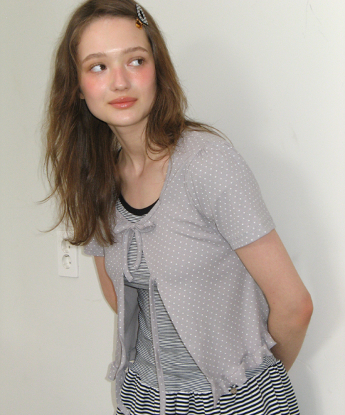 RONRON(ロンロン)の「MINI DOT RIBBON COTTON CARDIGAN GREY(カーディガン/ボレロ・レディース・その他・FREE)」の1枚目の写真