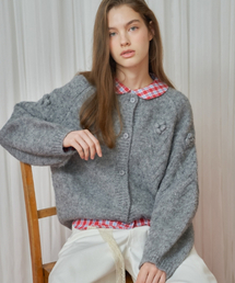 HANDMADE FLOWER CABLE PUFF KNIT CARDIGAN GREY