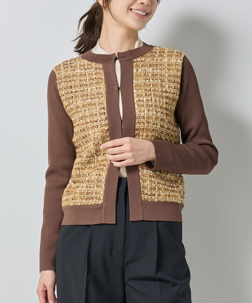 NARACAMICIE（ナラカミーチェ）の「【NARACAMICIE】ラメツィードドッキングクルーカーディガン（カーディガン/ボレロ・レディース・ブラウン/ホワイト/ブラック・M/XL）」の3枚目の写真