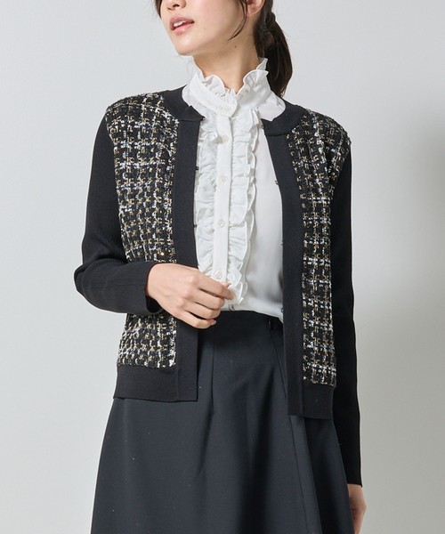 NARACAMICIE（ナラカミーチェ）の「【NARACAMICIE】ラメツィードドッキングクルーカーディガン（カーディガン/ボレロ・レディース・ブラウン/ホワイト/ブラック・M/XL）」の2枚目の写真