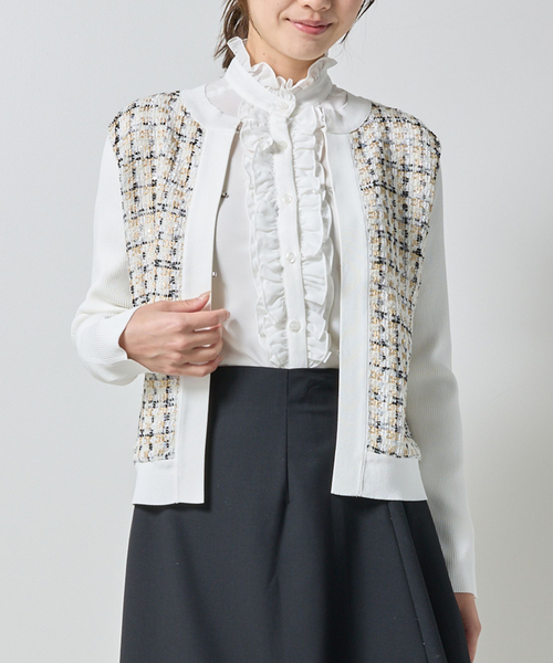 NARACAMICIE（ナラカミーチェ）の「【NARACAMICIE】ラメツィードドッキングクルーカーディガン（カーディガン/ボレロ・レディース・ブラウン/ホワイト/ブラック・M/XL）」の4枚目の写真