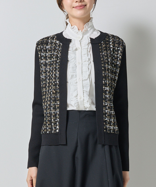 NARACAMICIE（ナラカミーチェ）の「【NARACAMICIE】ラメツィードドッキングクルーカーディガン（カーディガン/ボレロ・レディース・ブラウン/ホワイト/ブラック・M/XL）」の5枚目の写真