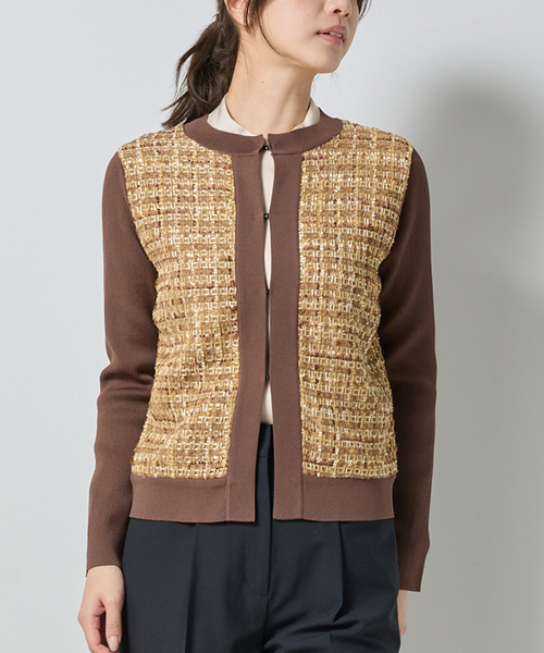 NARACAMICIE（ナラカミーチェ）の「【NARACAMICIE】ラメツィードドッキングクルーカーディガン（カーディガン/ボレロ・レディース・ブラウン/ホワイト/ブラック・M/XL）」の6枚目の写真