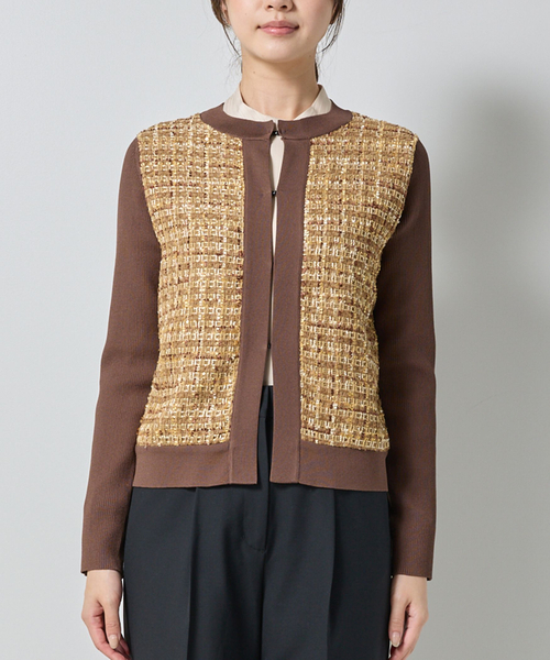 NARACAMICIE（ナラカミーチェ）の「【NARACAMICIE】ラメツィードドッキングクルーカーディガン（カーディガン/ボレロ・レディース・ブラウン/ホワイト/ブラック・M/XL）」の7枚目の写真