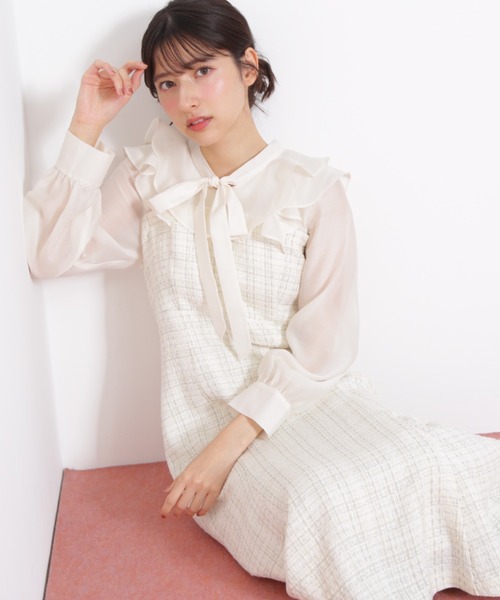 JILL by JILL STUART(ジルバイジルスチュアート)の「◇ ブラウスドッキングツィードワンピース(ワンピース・レディース・ネイビー/ホワイト・SMALL/MEDIUM)」の2枚目の写真