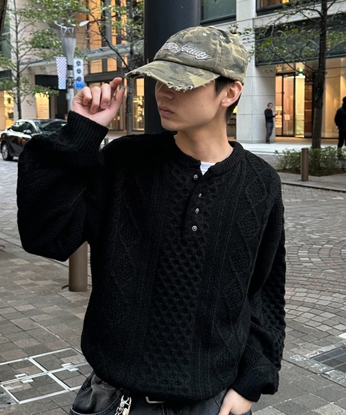 HENLEY NECK SILVER BUTTON CABLE KNIT／ヘンリーネックシルバーボタン