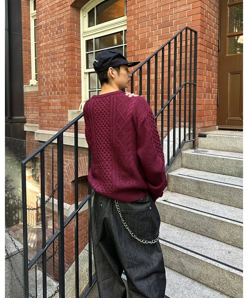 HENLEY NECK SILVER BUTTON CABLE KNIT／ヘンリーネックシルバーボタン