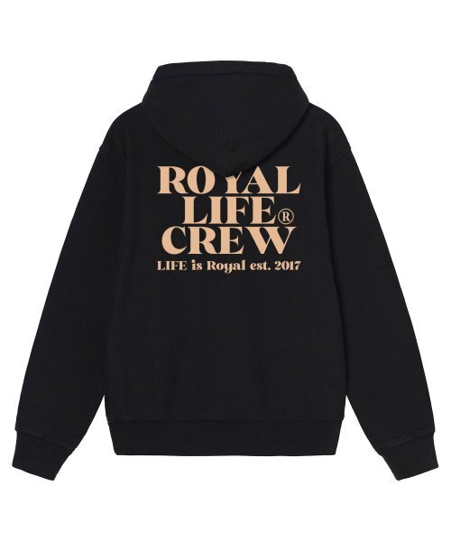 ROYALLIFE(ロイヤルライフ)の「RLPH1008 クルーバックロゴ裏起毛フードパーカー - ブラック(パーカー・メンズ・ブラック・MEDIUM/SMALL)」の1枚目の写真