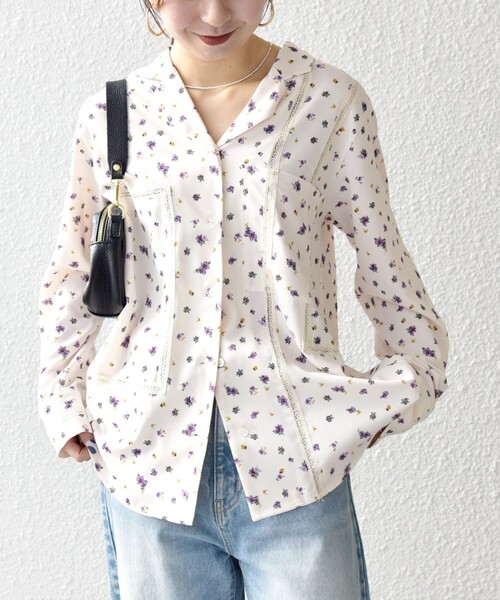 SHIPS any:〈洗濯機可能〉フラワー プリント レース オープンカラー