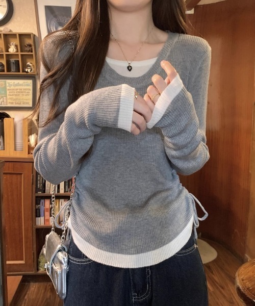 GEMEDA(ジェメダ)の「フェイクレイヤード リブニットプルオーバー(ニット/セーター・レディース・ブラウン/グレー/ベージュ・M)」の6枚目の写真
