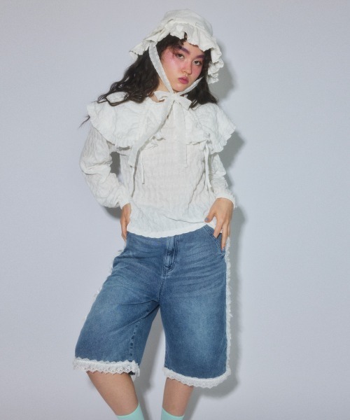 Candy Stripper（キャンディストリッパー）の「FRILL LINE DENIM HALF パンツ（デニムパンツ・レディース・ブラック/ブルー系その他・FREE）」の4枚目の写真