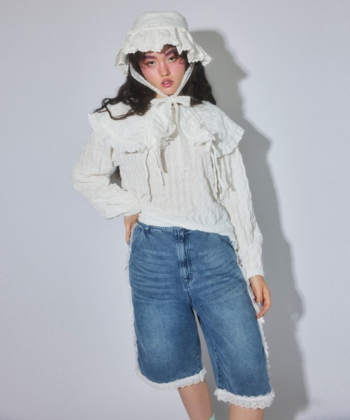 Candy Stripper（キャンディストリッパー）の「FRILL LINE DENIM HALF パンツ（デニムパンツ・レディース・ブラック/ブルー系その他・FREE）」の5枚目の写真