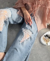 mily bilet（ミウィビレット）の「【mily bilet】ラフに可愛く、ちょっと大胆。ダメージレースデニムパンツ(ワイド)（デニムパンツ）」