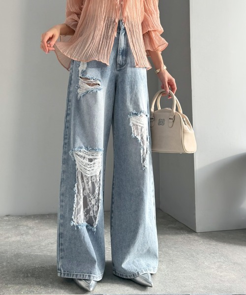 mily bilet(ミウィビレット)の「【mily bilet】甘さひとさじ♪レース付きダメージワイドデニムパンツ(ワイド)(デニムパンツ・レディース・ブルー/ブルー系その他・LARGE/MEDIUM/SMALL/X-LARGE)」の16枚目の写真