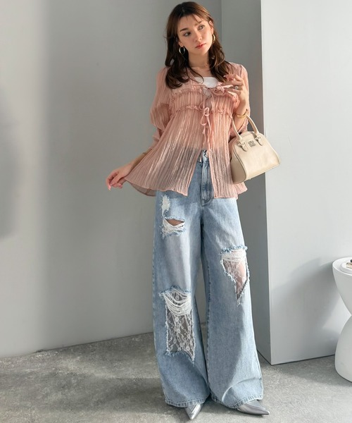 mily bilet(ミウィビレット)の「【mily bilet】甘さひとさじ♪レース付きダメージワイドデニムパンツ(ワイド)(デニムパンツ・レディース・ブルー/ブルー系その他・LARGE/MEDIUM/SMALL/X-LARGE)」の15枚目の写真