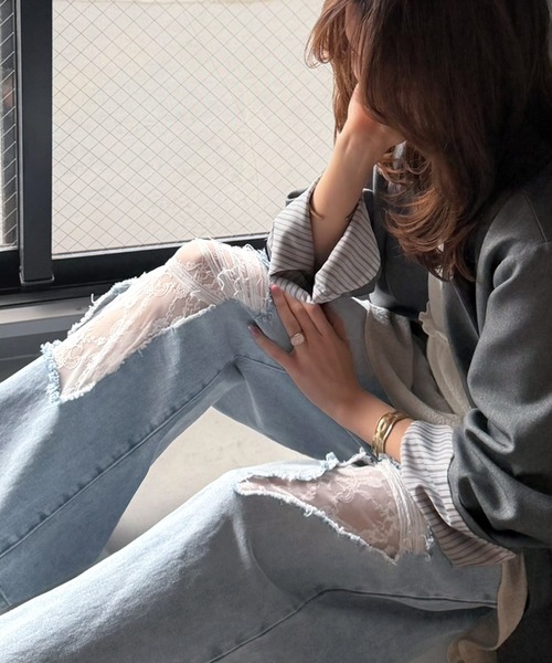 mily bilet(ミウィビレット)の「【mily bilet】甘さひとさじ♪レース付きダメージワイドデニムパンツ(ワイド)(デニムパンツ・レディース・ブルー/ブルー系その他・LARGE/MEDIUM/SMALL/X-LARGE)」の21枚目の写真