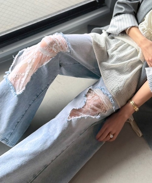 mily bilet(ミウィビレット)の「【mily bilet】甘さひとさじ♪レース付きダメージワイドデニムパンツ(ワイド)(デニムパンツ・レディース・ブルー/ブルー系その他・LARGE/MEDIUM/SMALL/X-LARGE)」の19枚目の写真