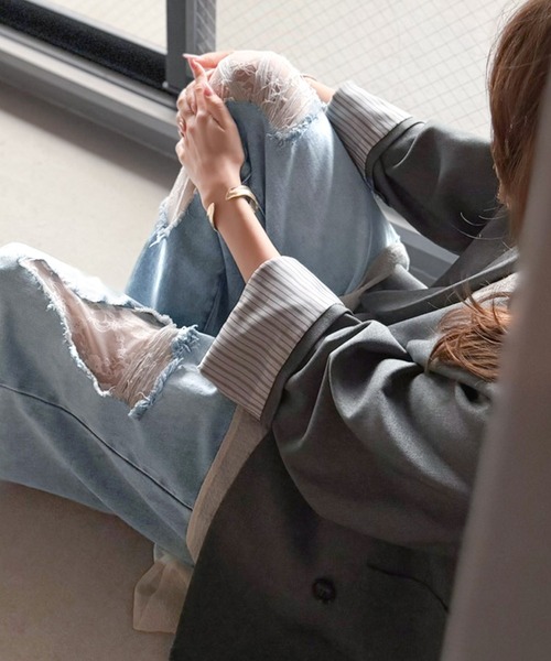 mily bilet(ミウィビレット)の「【mily bilet】甘さひとさじ♪レース付きダメージワイドデニムパンツ(ワイド)(デニムパンツ・レディース・ブルー/ブルー系その他・LARGE/MEDIUM/SMALL/X-LARGE)」の20枚目の写真