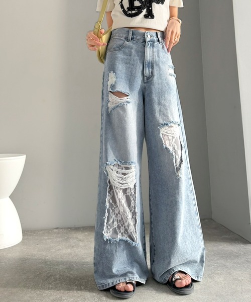 mily bilet(ミウィビレット)の「【mily bilet】甘さひとさじ♪レース付きダメージワイドデニムパンツ(ワイド)(デニムパンツ・レディース・ブルー/ブルー系その他・LARGE/MEDIUM/SMALL/X-LARGE)」の9枚目の写真