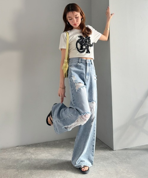 mily bilet(ミウィビレット)の「【mily bilet】甘さひとさじ♪レース付きダメージワイドデニムパンツ(ワイド)(デニムパンツ・レディース・ブルー/ブルー系その他・LARGE/MEDIUM/SMALL/X-LARGE)」の10枚目の写真
