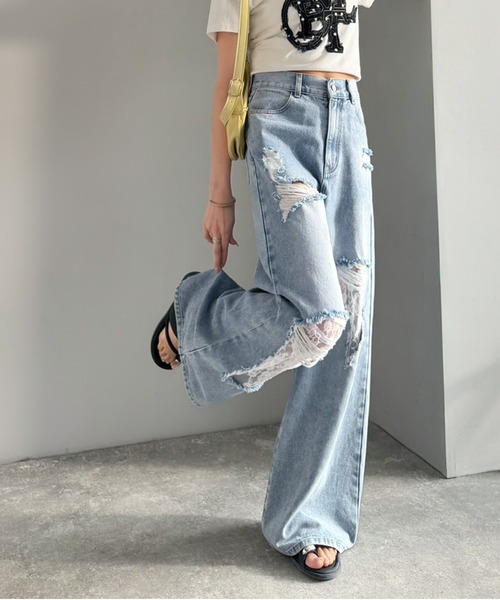 mily bilet(ミウィビレット)の「【mily bilet】甘さひとさじ♪レース付きダメージワイドデニムパンツ(ワイド)(デニムパンツ・レディース・ブルー/ブルー系その他・LARGE/MEDIUM/SMALL/X-LARGE)」の8枚目の写真