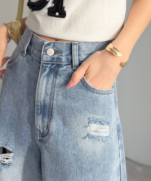 mily bilet(ミウィビレット)の「【mily bilet】甘さひとさじ♪レース付きダメージワイドデニムパンツ(ワイド)(デニムパンツ・レディース・ブルー/ブルー系その他・LARGE/MEDIUM/SMALL/X-LARGE)」の7枚目の写真