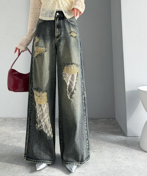 mily bilet(ミウィビレット)の「【mily bilet】甘さひとさじ♪レース付きダメージワイドデニムパンツ(ワイド)(デニムパンツ・レディース・ブルー/ブルー系その他・LARGE/MEDIUM/SMALL/X-LARGE)」の5枚目の写真