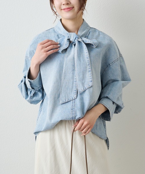 PUAL CE CIN（ピュアルセシン）の「デニムリボンタイブラウス（シャツ/ブラウス・レディース・グレー/インディゴブルー/ブルー・FREE）」の12枚目の写真