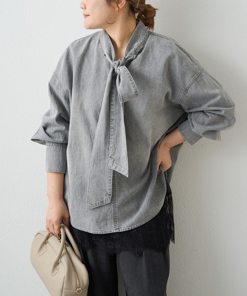 PUAL CE CIN（ピュアルセシン）の「デニムリボンタイブラウス（シャツ/ブラウス・レディース・グレー/インディゴブルー/ブルー・FREE）」の21枚目の写真