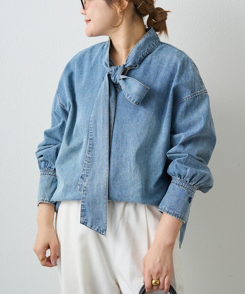 PUAL CE CIN（ピュアルセシン）の「デニムリボンタイブラウス（シャツ/ブラウス・レディース・グレー/インディゴブルー/ブルー・FREE）」の4枚目の写真