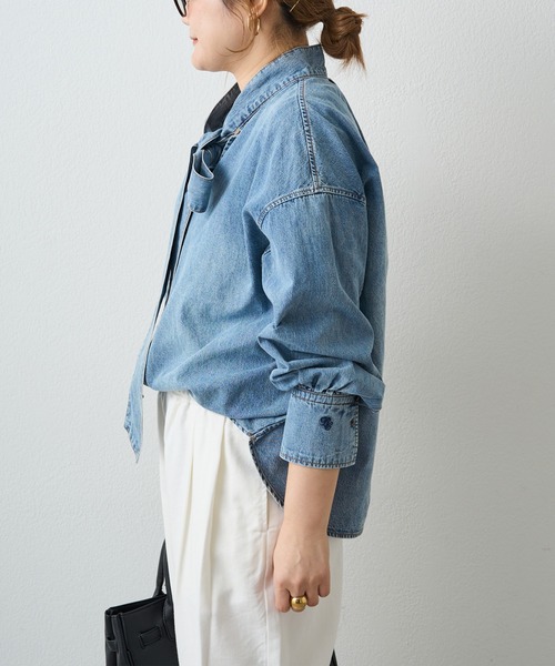 PUAL CE CIN（ピュアルセシン）の「デニムリボンタイブラウス（シャツ/ブラウス・レディース・グレー/インディゴブルー/ブルー・FREE）」の5枚目の写真