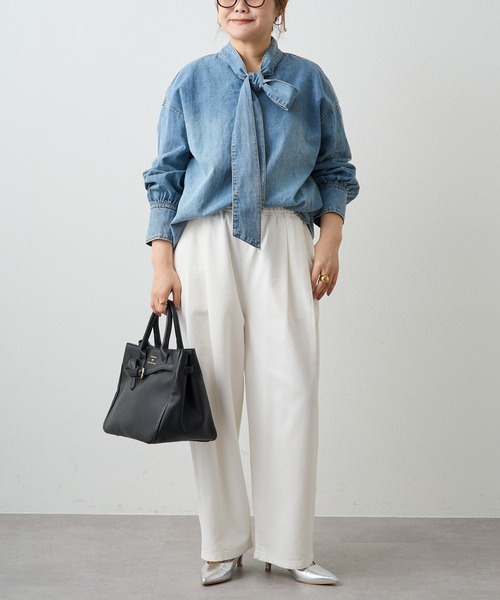 PUAL CE CIN（ピュアルセシン）の「デニムリボンタイブラウス（シャツ/ブラウス・レディース・グレー/インディゴブルー/ブルー・FREE）」の8枚目の写真