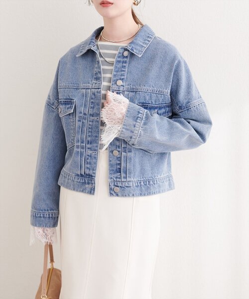 natural couture（ナチュラルクチュール）の「袖レース付きGジャン（デニムジャケット・レディース・オフホワイト/ブルー/インディゴブルー・FREE）」の5枚目の写真