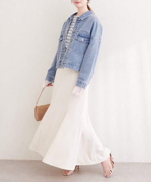 natural couture（ナチュラルクチュール）の「袖レース付きGジャン（デニムジャケット・レディース・オフホワイト/ブルー/インディゴブルー・FREE）」の8枚目の写真