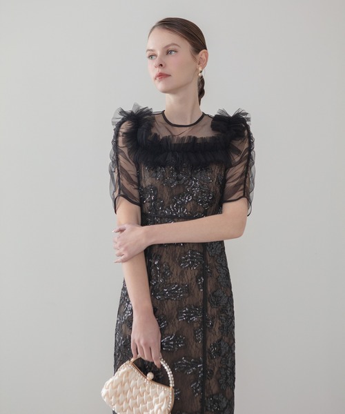 Leja(レジャ)の「【LEJA】スクエアチュールギャザーフラワースパンコールIラインドレス美脚効果結婚式 パーティードレス 成人式 二次会 同窓会 お呼ばれ オケージョン 20代 30代(ドレス・レディース・ブラック/グレー・SMALL/MEDIUM)」の16枚目の写真