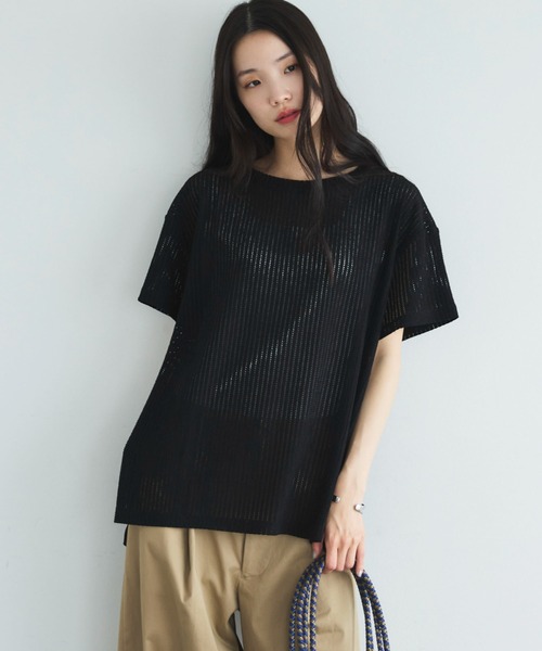 Doux archives(ドゥアルシーヴ)の「シアーメッシュTee(Tシャツ/カットソー・レディース・ベージュ/オフホワイト/ブラック・FREE)」の2枚目の写真