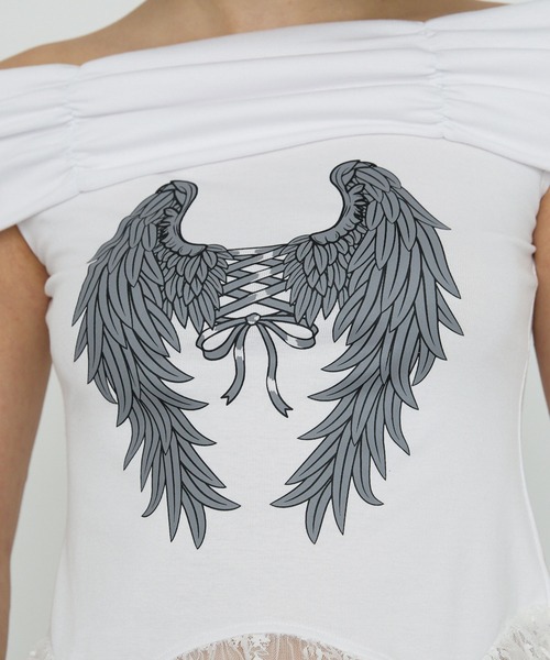 Heart Tattoo(ハートタトゥー)の「サイドレースフリルオフショルトップス / Side Lace Frill Off-Shoulder Top(Tシャツ/カットソー・レディース・ホワイト/グレー・FREE)」の3枚目の写真